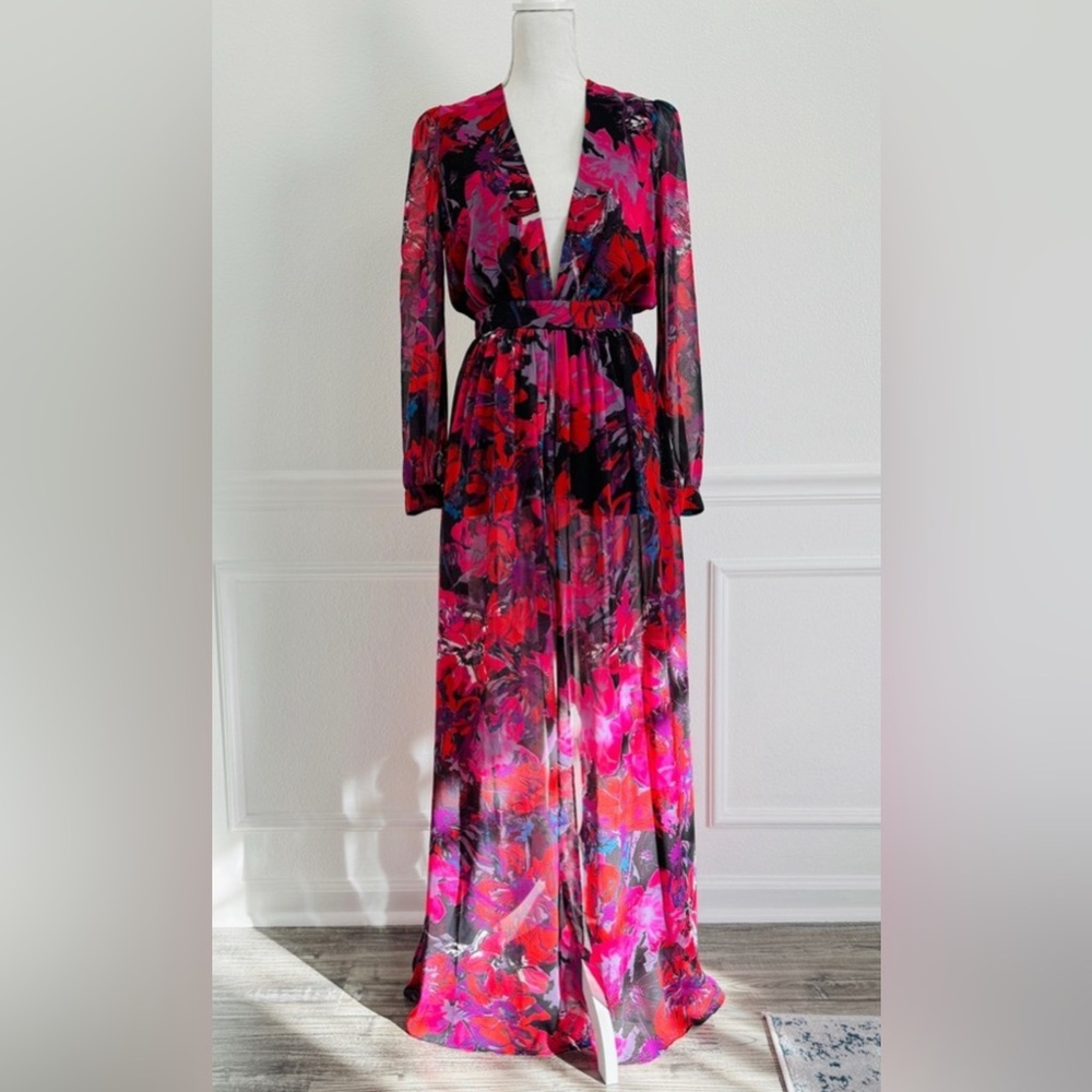 BeBe Floral Maxi Dress / Romper Deep V-Neck Long Sleeve Sheer Flowy Slit Back